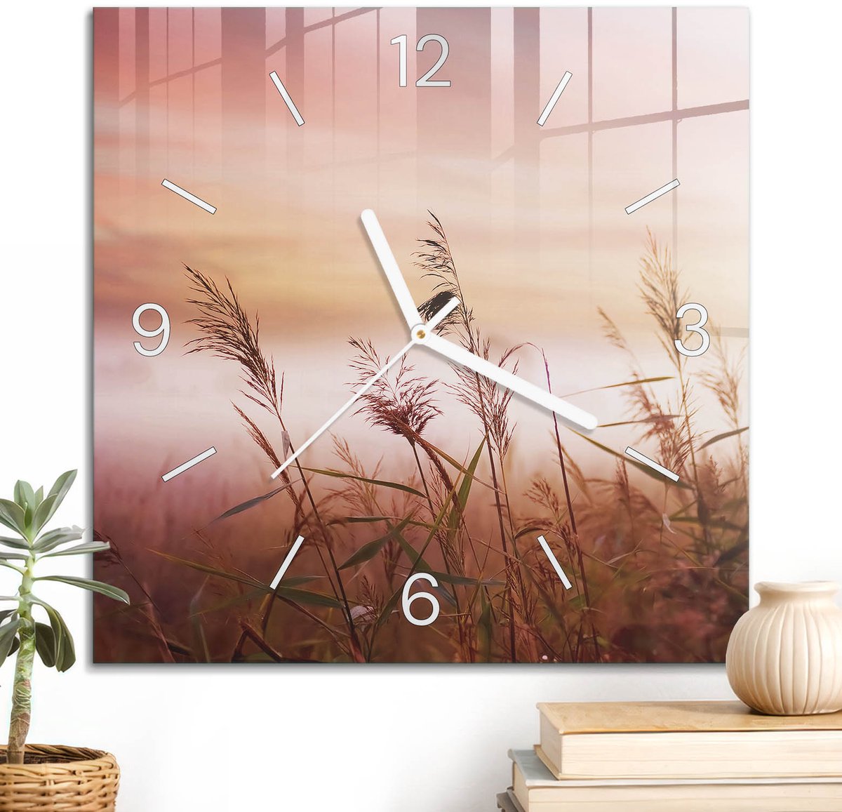 ArtPrintCave Roze Glazen Klok - 30x30 cm - Wandklok Vierkant - Korrelmist Stille Wandklok - Landschappen Wandklok Keuken - Witte Klokwijzers
