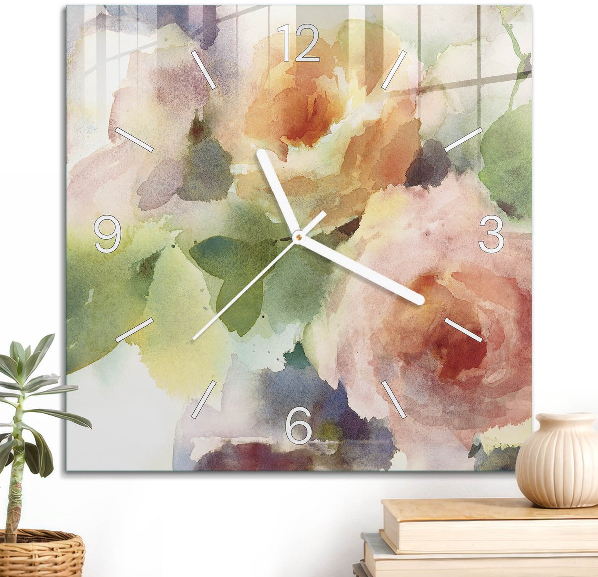 ArtPrintCave Groene Glazen Klok - 30x30 cm - Wandklok Vierkant - Een Bloemenmeesterwerk Stille Wandklok - Kunst Wandklok Keuken - Witte Klokwijzers