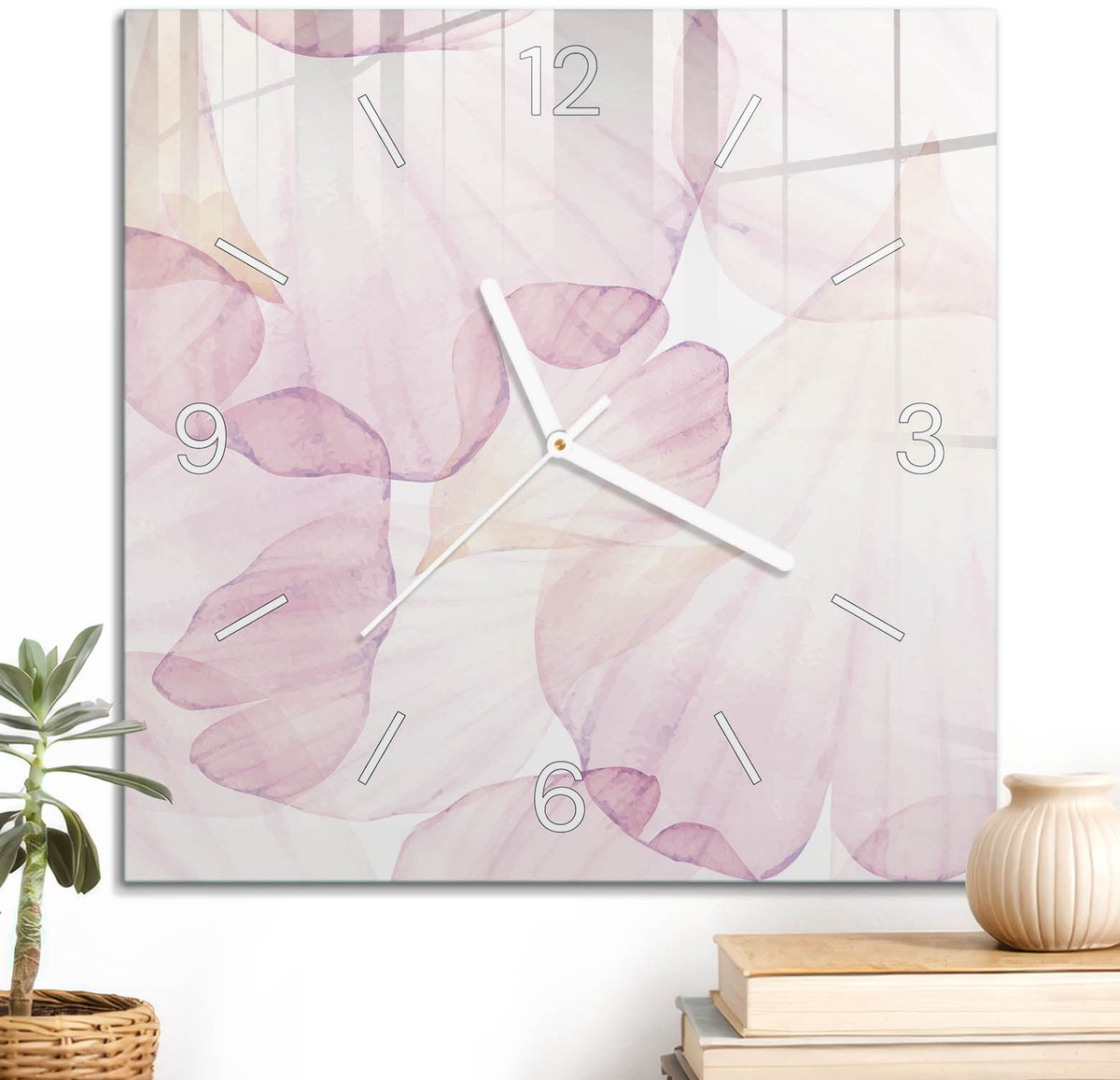 ArtPrintCave Roze Glazen Klok - 30x30 cm - Wandklok Vierkant - Subtiele Bloemblaadjes Stille Wandklok - Achtergronden En Patronen Wandklok Keuken - Witte Klokwijzers