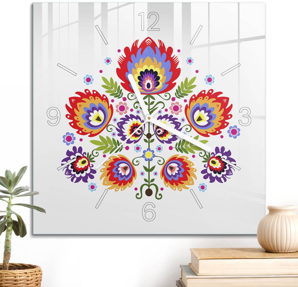 ArtPrintCave Rood Glazen Klok - 30x30 cm - Wandklok Vierkant - Volksbloemen Wandklok Keuken - Kunst Unieke Klok - Witte Klokwijzers