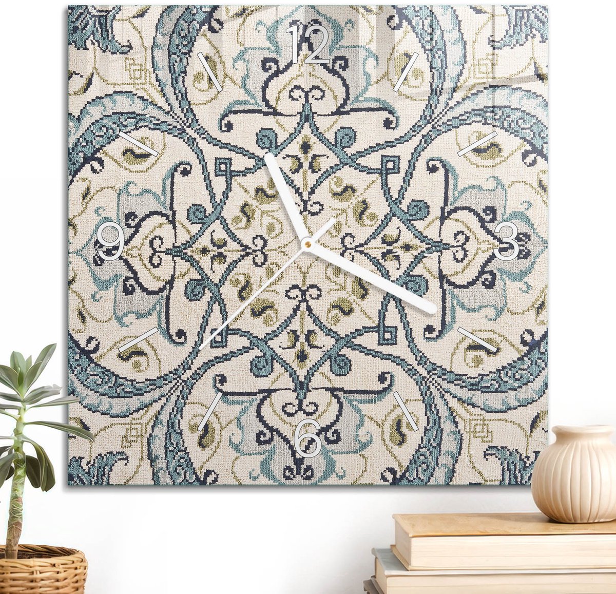 ArtPrintCave Blauw Glazen Klok - 30x30 cm - Wandklok Vierkant - Oosters Patroon Wandklok Keuken - Kunst Unieke Klok - Witte Klokwijzers