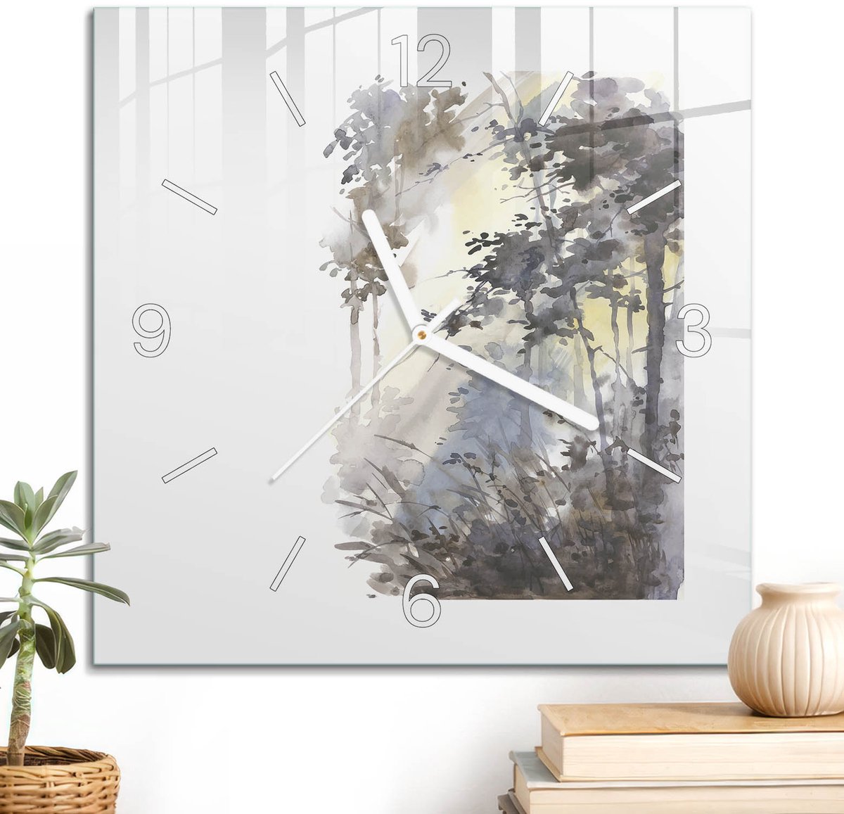 ArtPrintCave Grijs Glazen Klok - 30x30 cm - Wandklok Vierkant - Bosochtend Unieke Klok - Kunst Stille Wandklok - Witte Klokwijzers