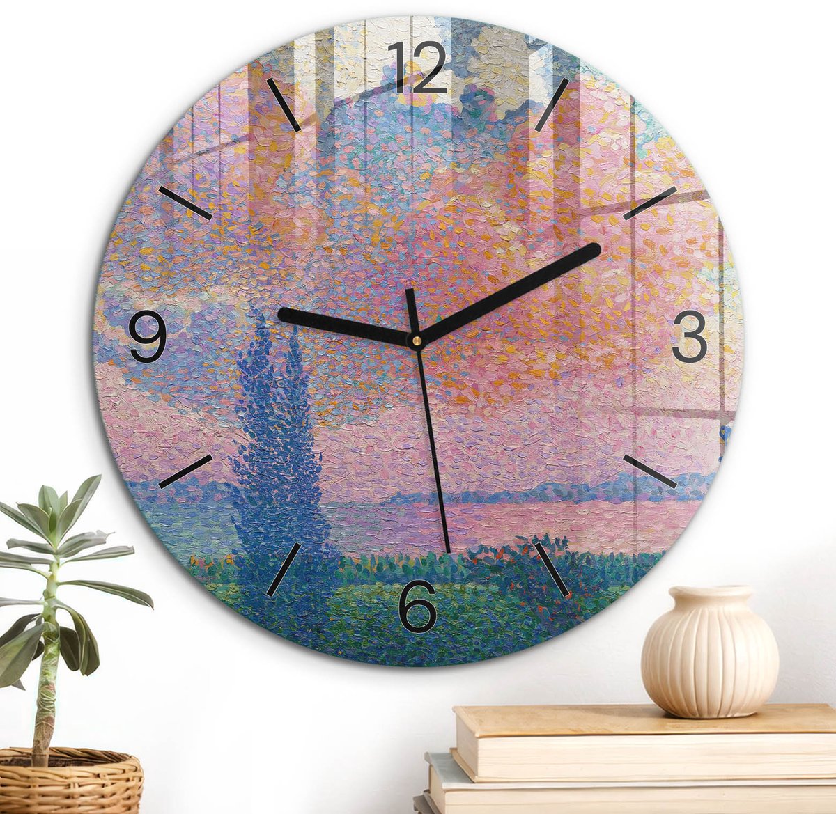 ArtPrintCave Roze Glazen Klok - Wandklok 30 cm - Muurklok Rond - Schilderachtig Landschap Wandklok Keuken - Natuur Unieke Klok - Zwarte Klokwijzers