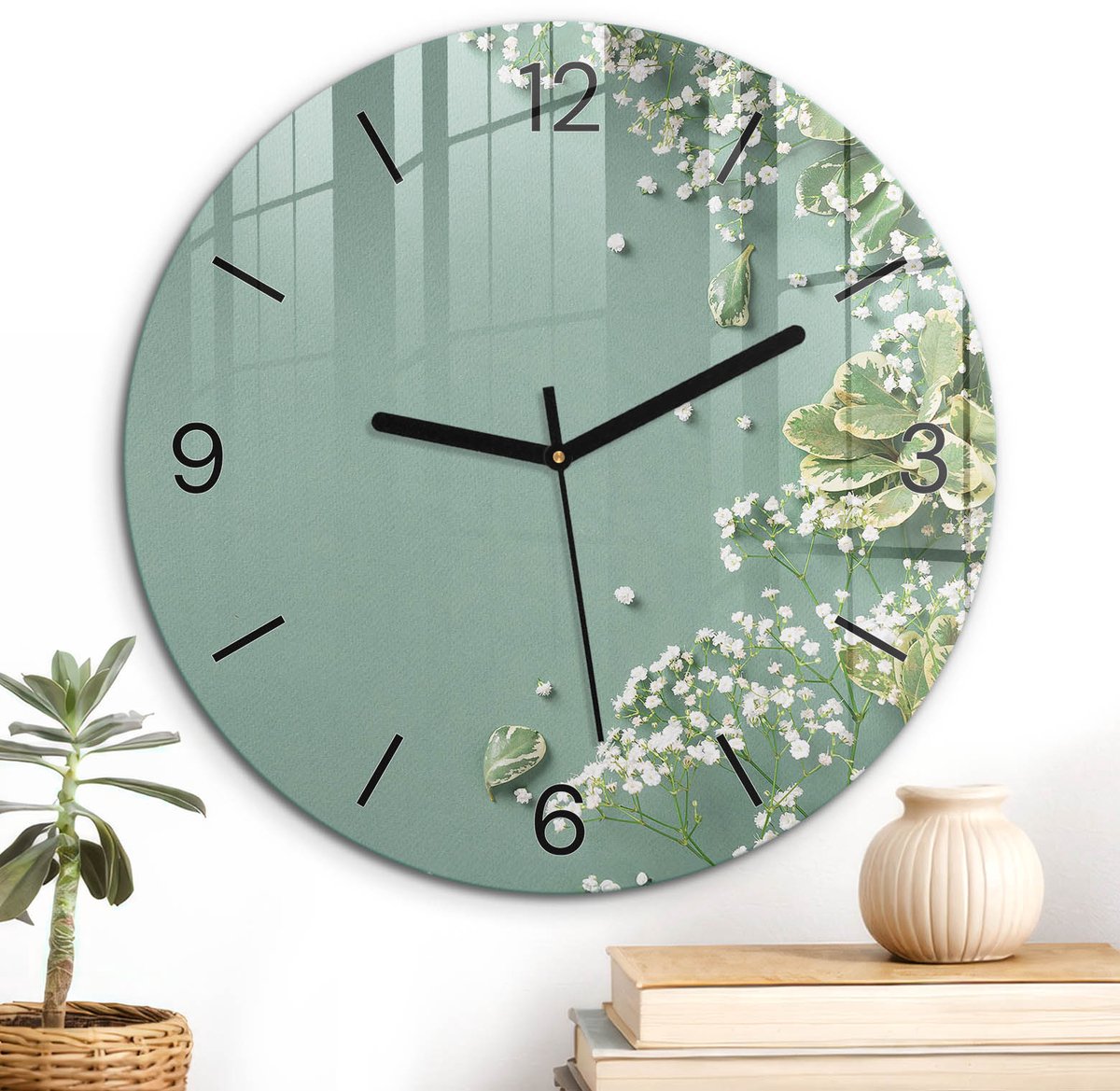 ArtPrintCave Groene Glazen Klok - Wandklok 30 cm - Muurklok Rond - Bloemige Elegantie Wandklok Keuken - Achtergronden En Patronen Unieke Klok - Zwarte Klokwijzers