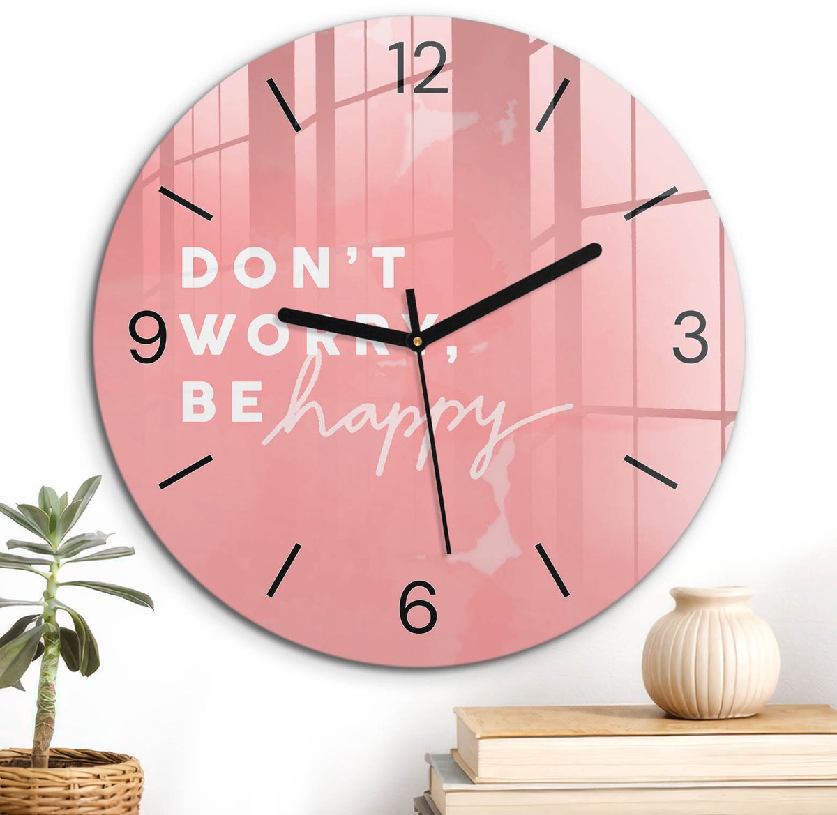ArtPrintCave Roze Glazen Klok - Wandklok 30 cm - Muurklok Rond - Positieve Inspiratie Unieke Klok - Kunst Stille Wandklok - Zwarte Klokwijzers