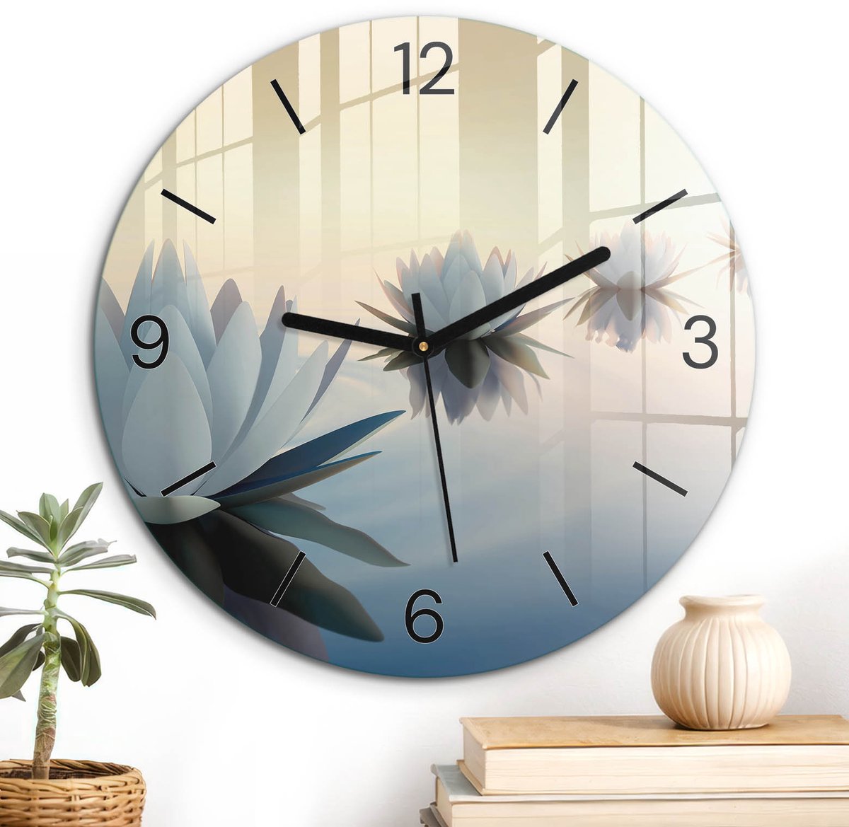 ArtPrintCave Romig Glazen Klok - Wandklok 30 cm - Muurklok Rond - Meditatieve Harmonie Unieke Klok - Kunst Stille Wandklok - Zwarte Klokwijzers