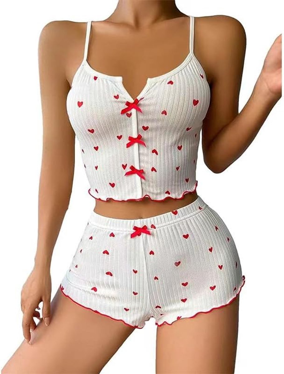 shorts, set zomer, mouwloos, tanktop en shorts, zachte katoenen pyjamasets met hartprint, elegante crop top, nachtkleding met trekkoord, hemdje, loungewear, nachtkleding