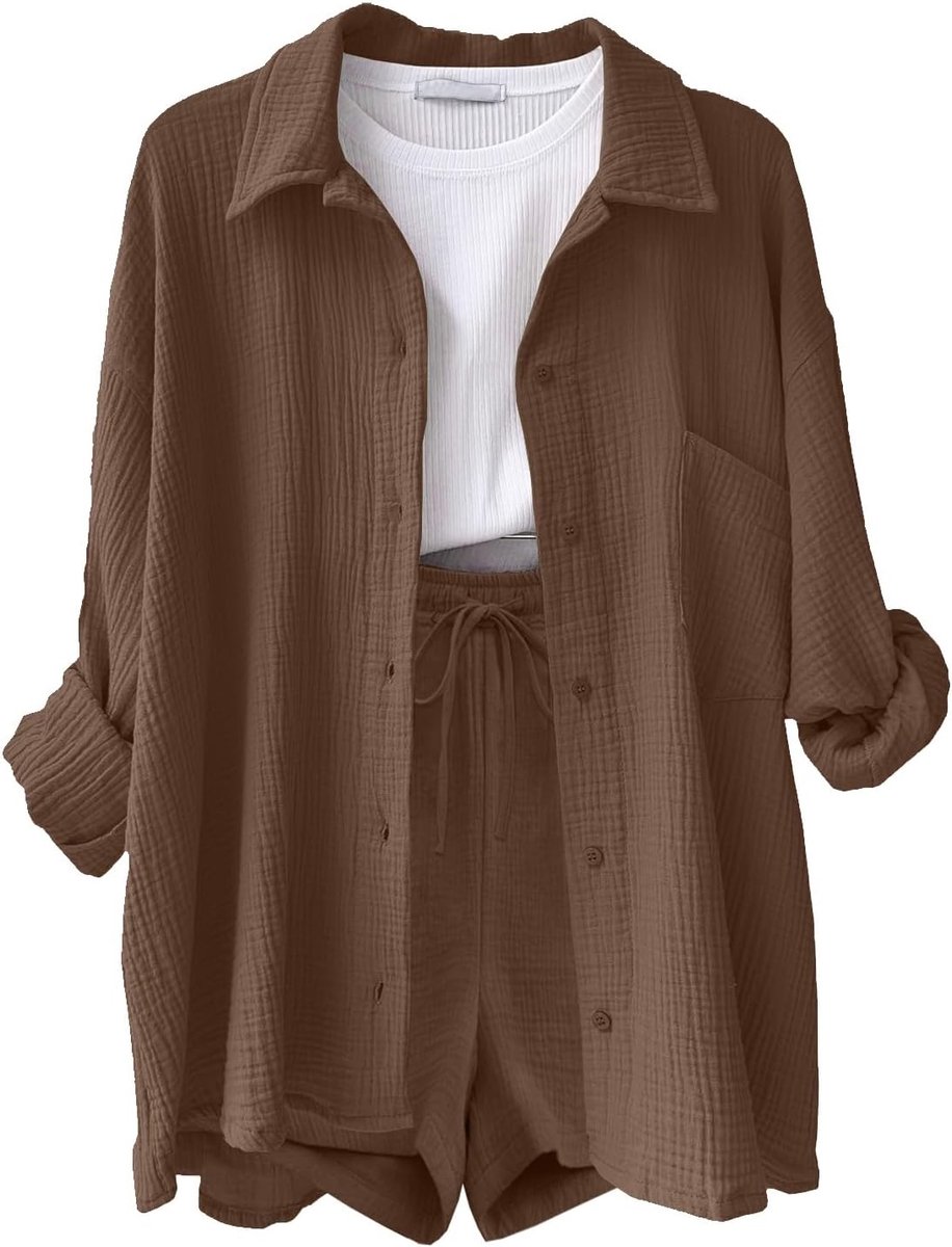 Tweedelig dames zomer mousseline blouse shorts 2-delig linnen hemd broekpak elegante lounge set licht loungewear pak tweedelig vrijetijdspak esthetische kleding strand outfit dameskleding