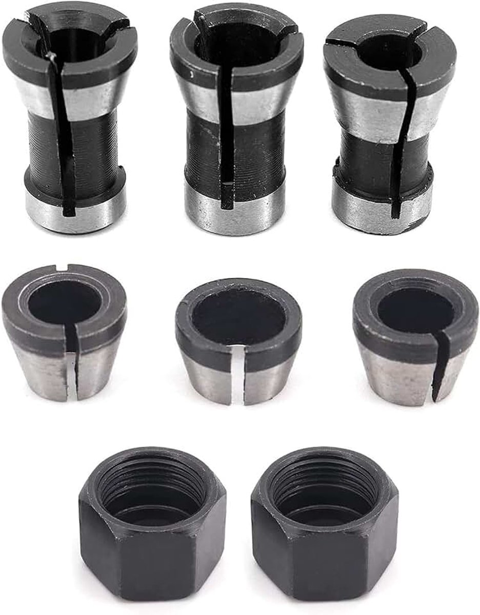 8 stuks bovenfrees bit spantangadapter, 6 mm, 6,35 mm, 8 mm + 2 stuks moeren voor houtfrees, graveermachine, trimmen