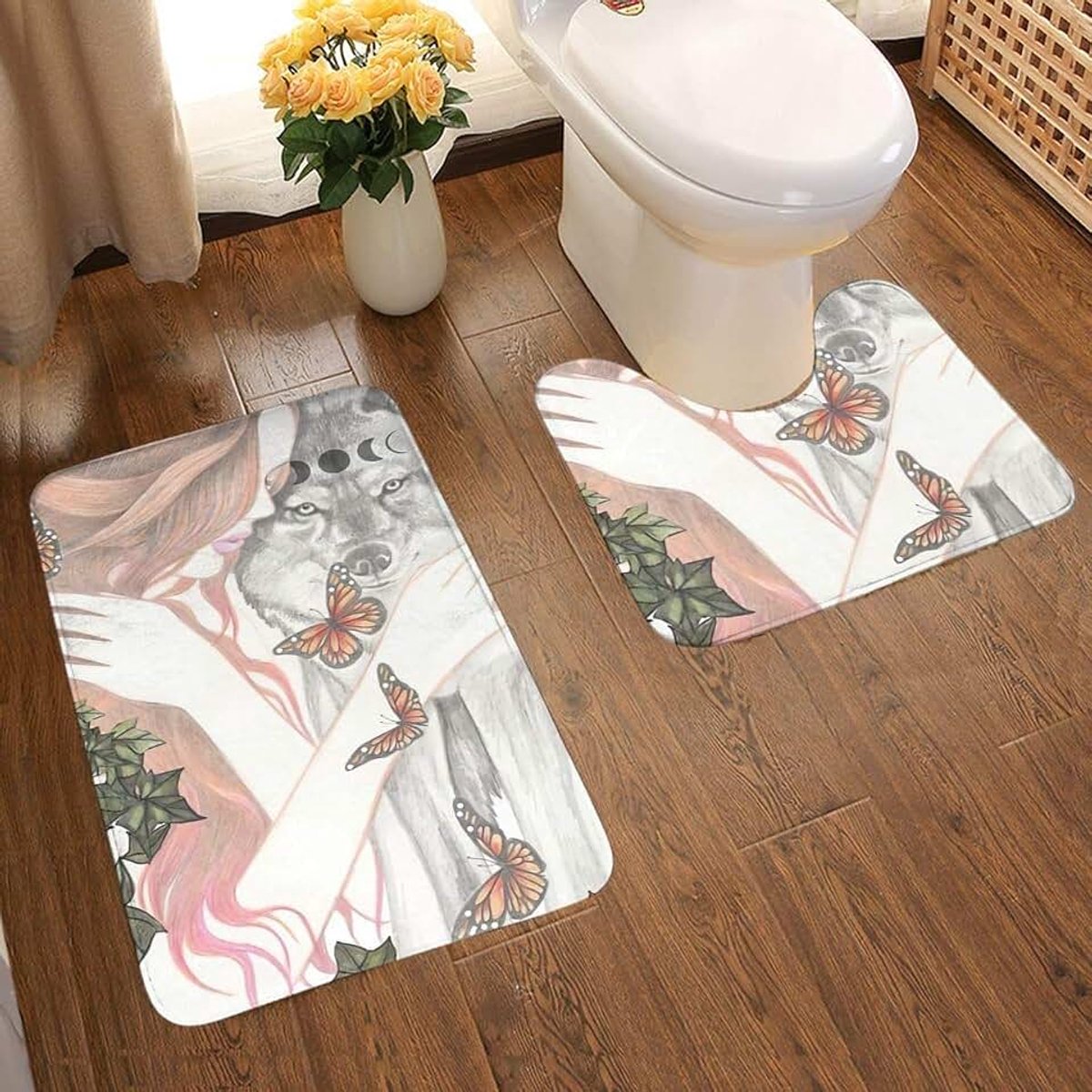 Betoverd bos 2-delige zachte anti-slip bad mat Kit, textuur fotografie inclusief 80x50cm hoge Absorbency wc-bril en 50x40cm microvezel zachte pluizige badkamer tapijt, anti-slip mat wasbaar.