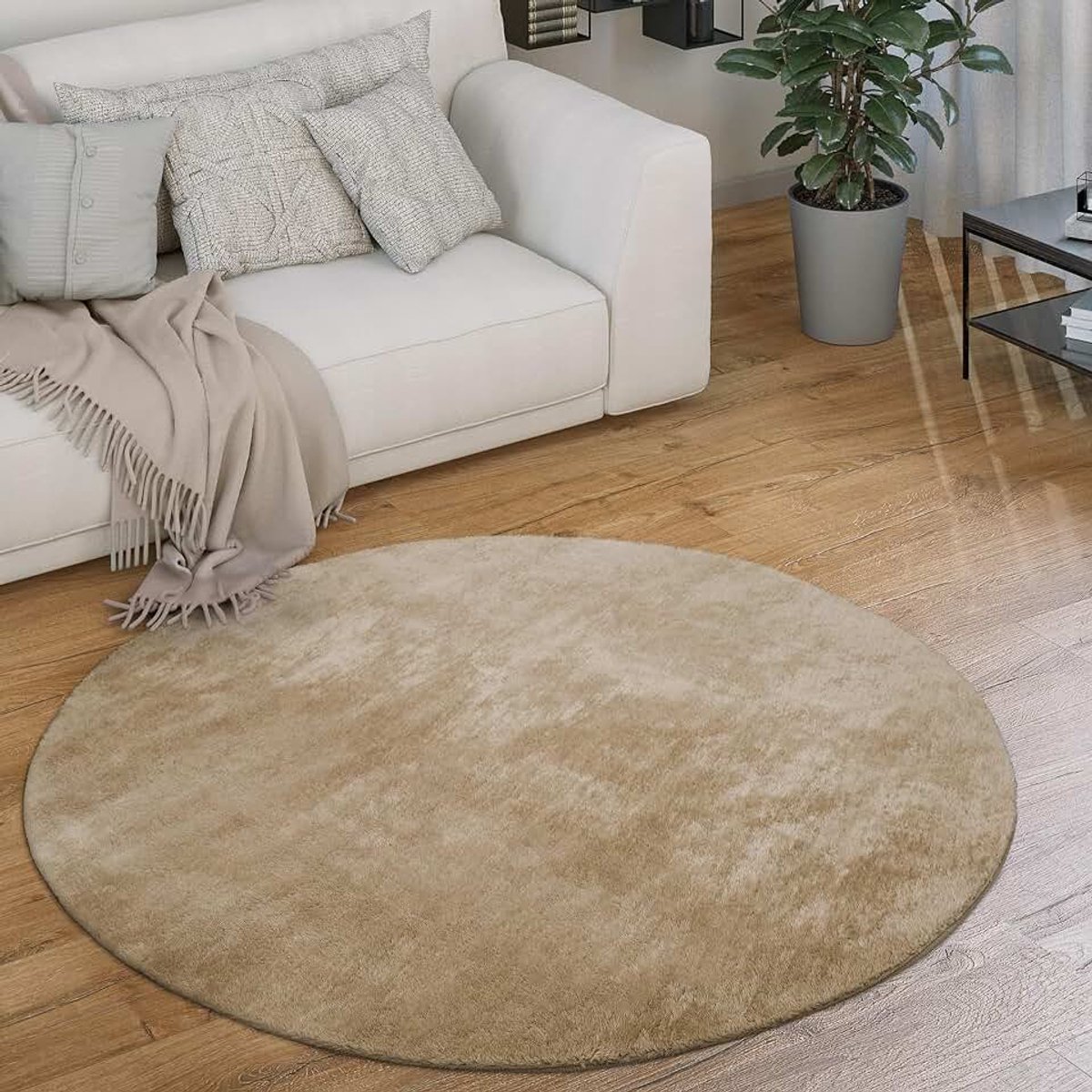 Home Vloerkleed Rond Woonkamer Laagpolig Modern Pluizig Wasbaar Eenkleurig, Maat:Ø 160 cm rondje, Kleur:Beige 2