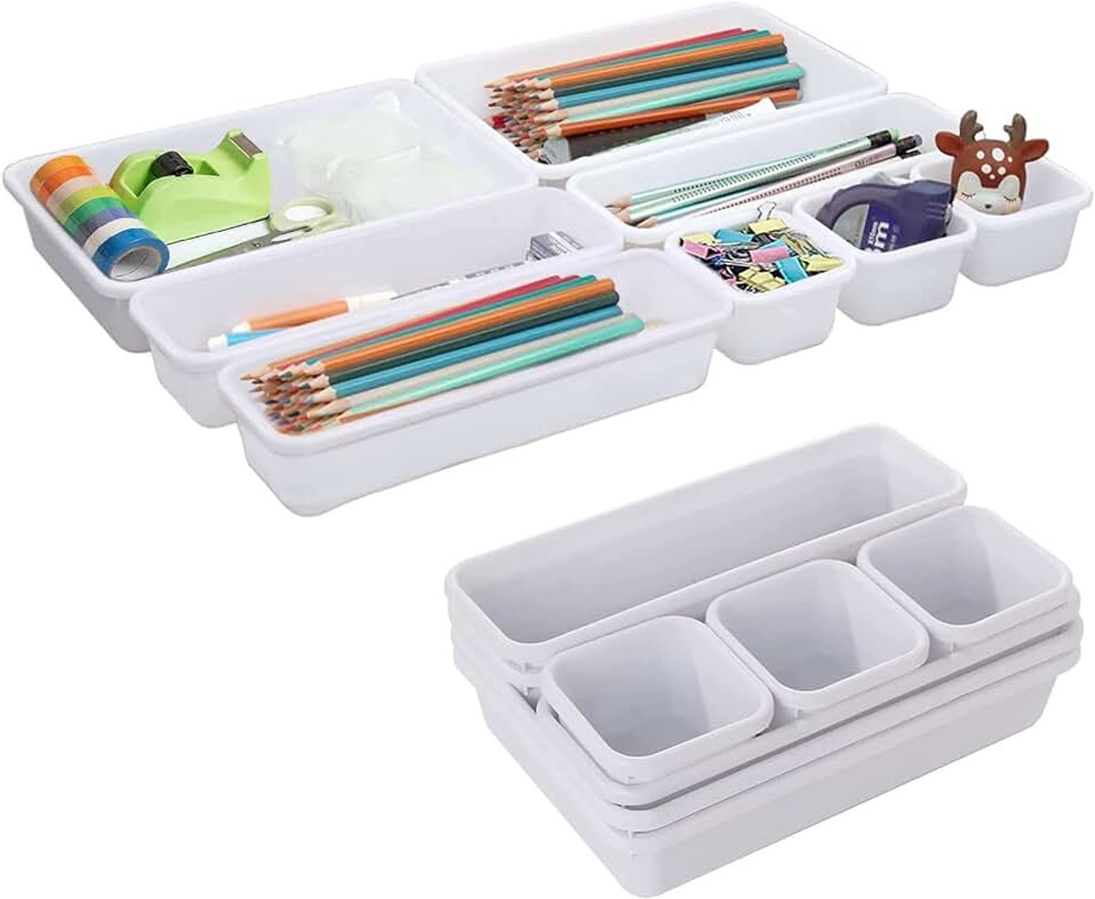 Seasboes 8 stuks lade-organizer, gescheiden lade-inzetstukken, opbergsysteem voor lade, 3 maten voor make-up, pennenplanken, bureau, badkamer, kantoor, keuken