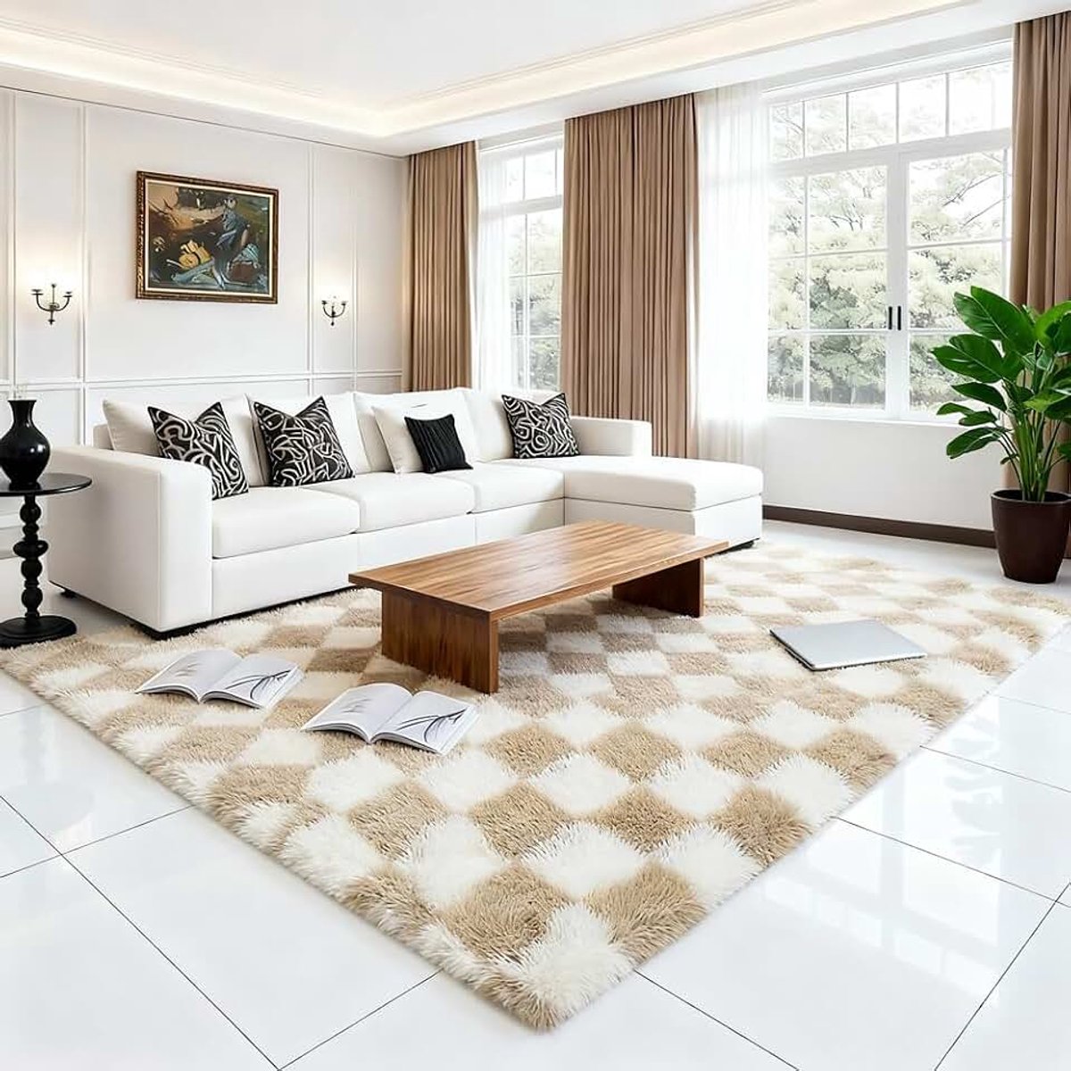 Hoogpolig tapijt, pluizig, 140 x 200 cm, vloerkleden voor de woonkamer, wasbaar, antislip, hoogpolig langpolig tapijt voor slaapkamer, kinderkamer en bedmat (beige-wit geruit)