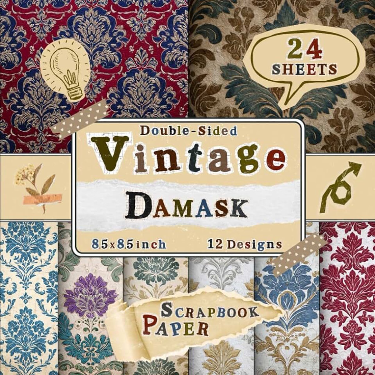 Damask Scrapbook Paper: 24 Double-Sided Sheets with 12 Ornate & Classic Designs for Card Making, Scrapbooking, Origami, DIY Crafts & Collage