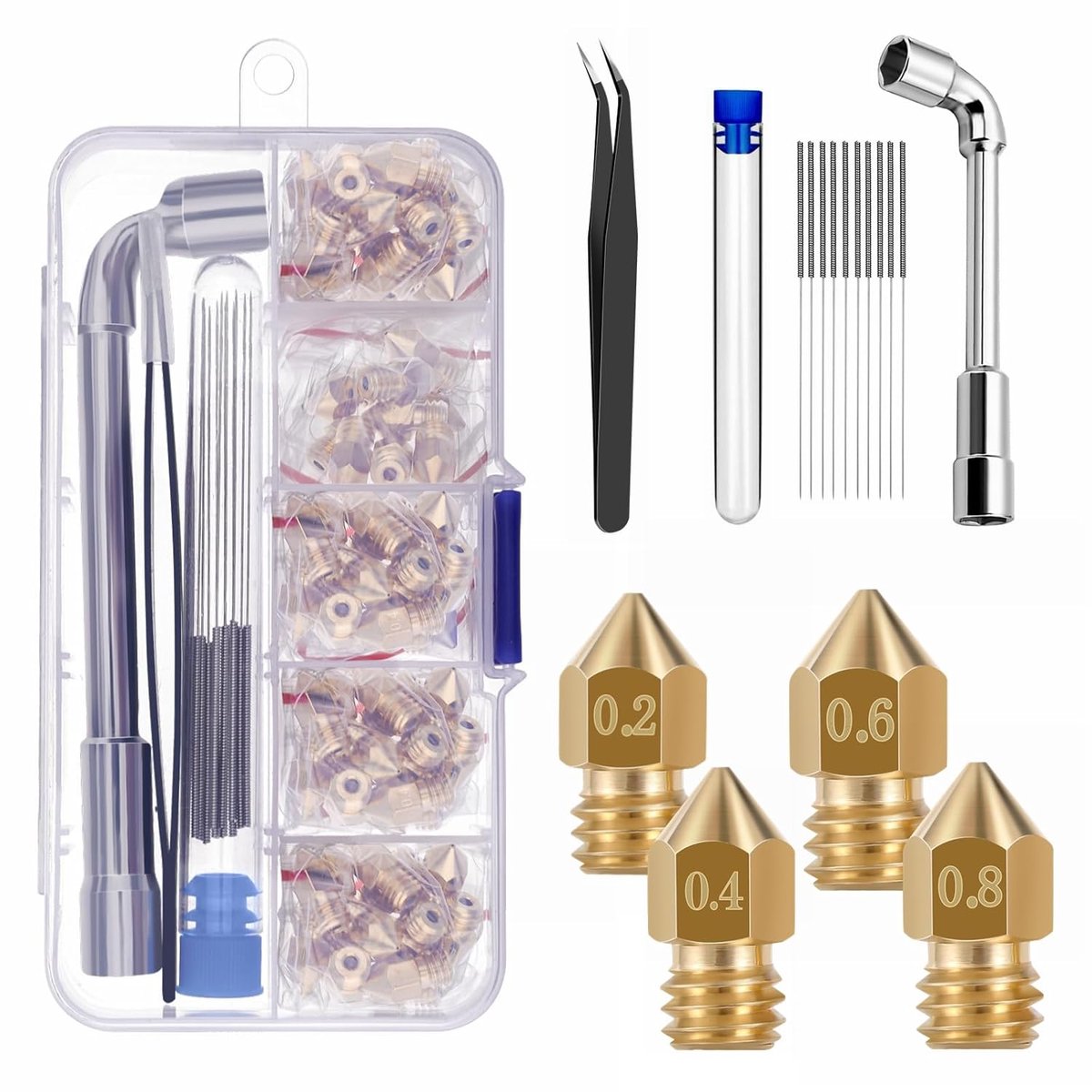 40 stuks mondstukken 0,2 mm 0,4 mm 0,6 mm 0,8 mm mondstukken, 3D-printer messing spuitmonden voor Creality Ender 3 V2 /Ender 3/Ender 3 Pro/Ender 3 Max/Ender 5 Pro, Ender 3 S1/Ender 3 Neo/CR 10 serie