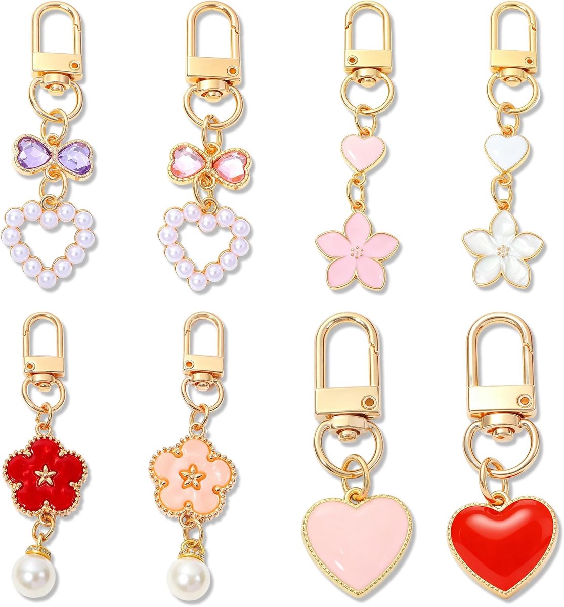 8 Stuks Schattige Sleutelhangers, Hart- en Bloemvormige Sleutelhangers Accessoires, Hangers voor Tassen van Zinklegering als Tasdecoratie voor Rugzak, Handtas en Sleutels