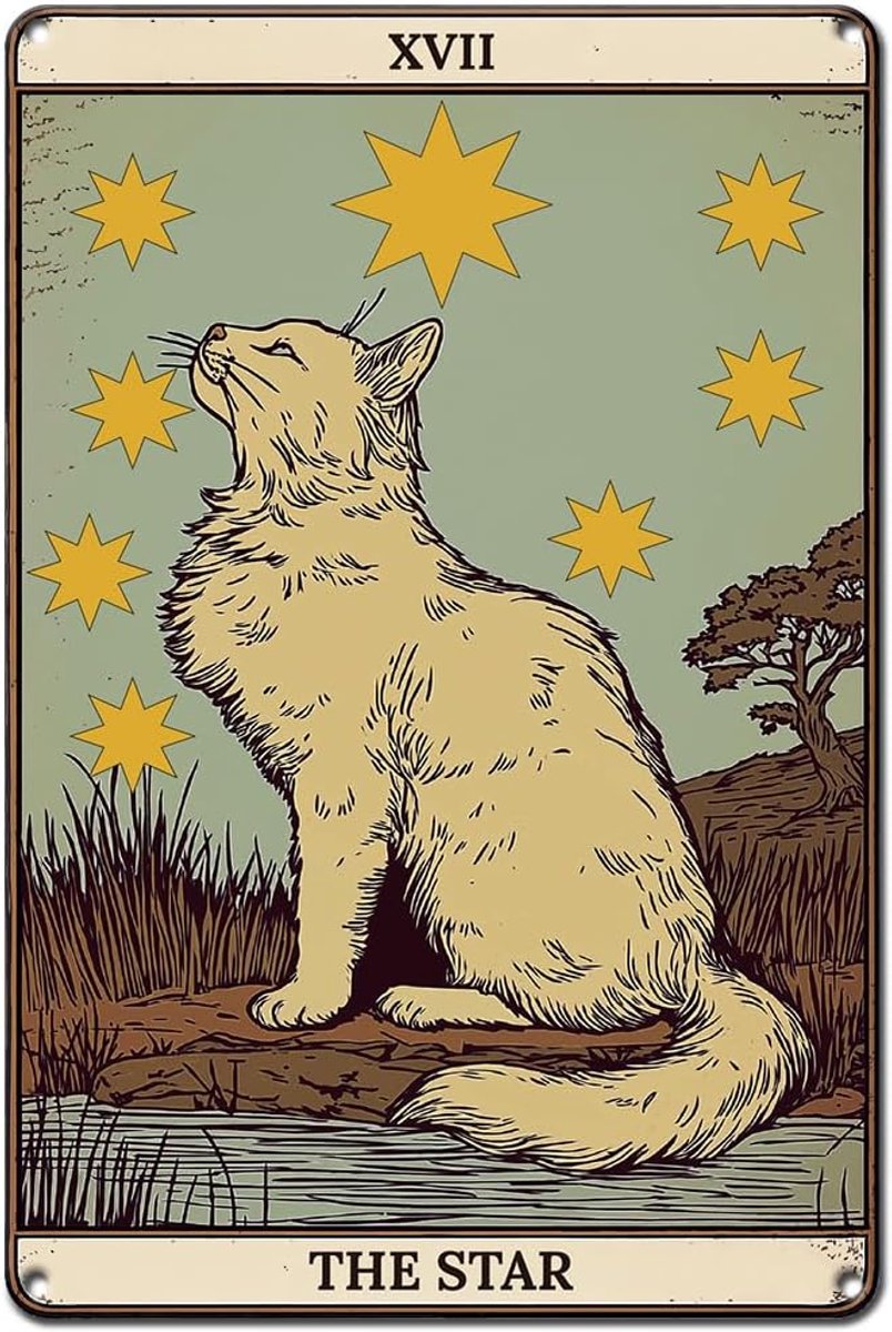 Kat Tarot Kaarten Metalen Bord Van Ijzer Muurdecoratie Kunst Woonkamer Tuin Outdoor Club Boekhandel Grappig Dier Wanddecoratie Gouden Sterren 20 x 30 cm 1 stuk