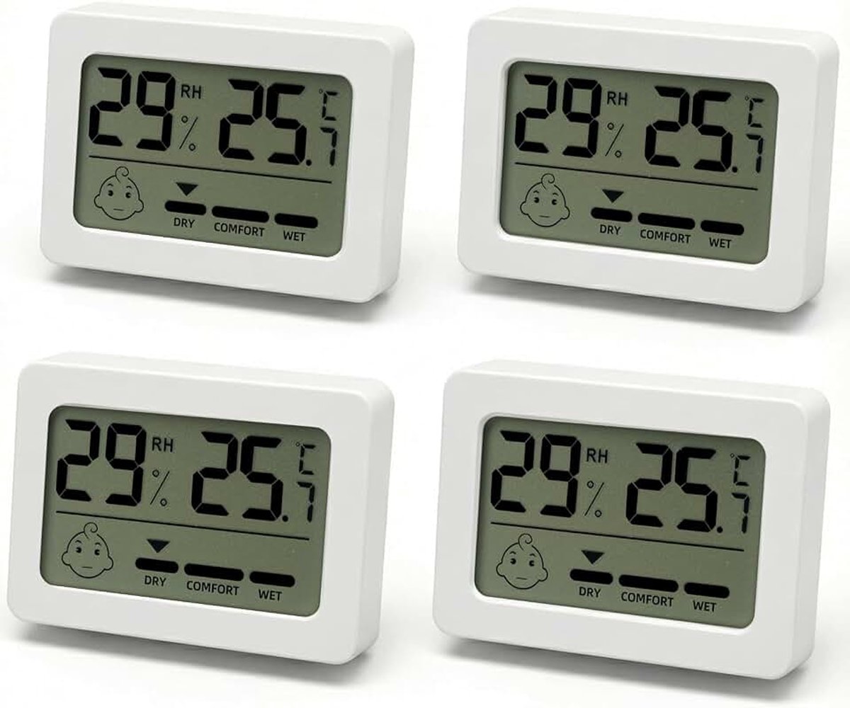 Carehabi 4 stuks hygrometer binnenthermometer, binnenthermometer voor thuis, comfortindicator met Smileys, voor babykamer, huis en kantoor, ideaal voor ouders en plantenliefhebbers