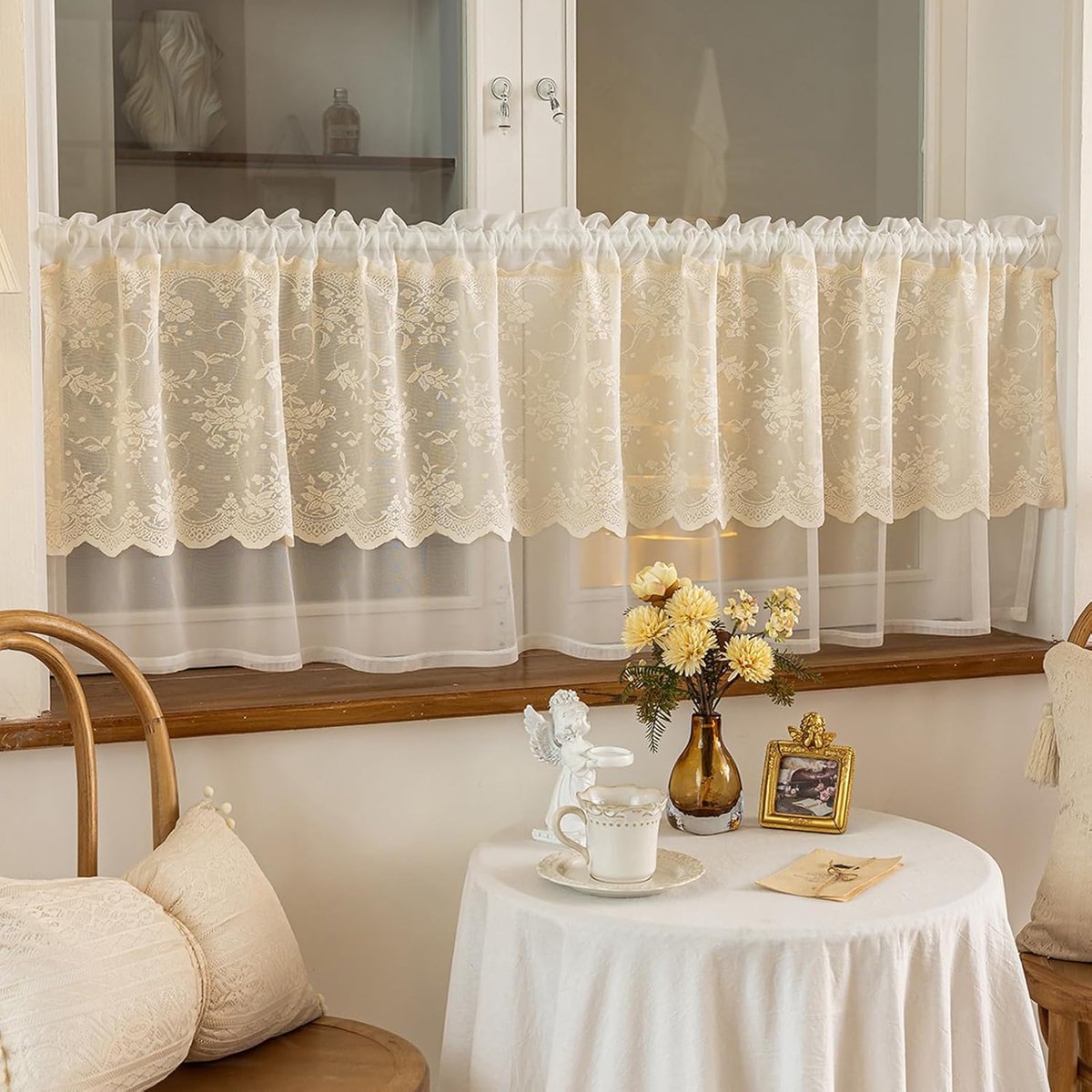 Vitrage, bistrogordijn voor gordijnen, kort, halftransparant, keukengordijnen voor raam, keuken, woonkamer, vintage kant, dubbellaags verguld, h 45 x b 100 cm - 1 stuk