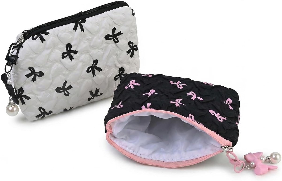 Set van 2 make-uptas met plooien en vlinderdas, wit en zwart, make-uptas voor dames, reisbenodigdheden, kleine make-uptas voor handtas, 14 x 10 cm