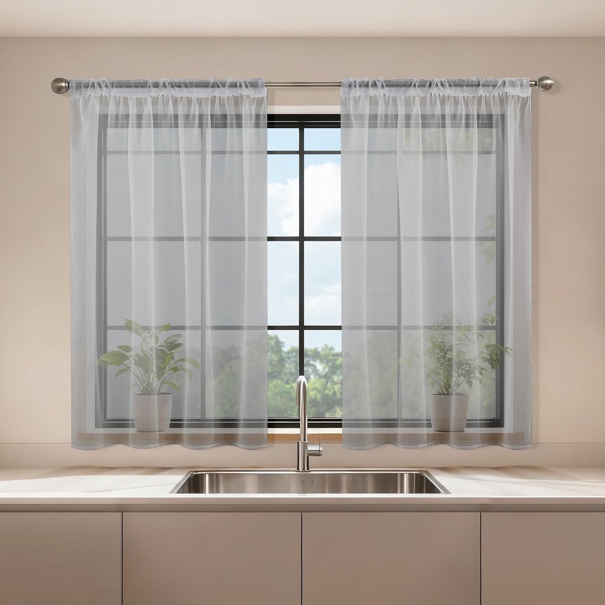 Gordijnen met plooiband, set van 2, voile schuifgordijnen, 120 x 90 cm (h x b), transparant gordijn, grijs, gordijnen voor woonkamer, slaapkamer, transparant gordijn