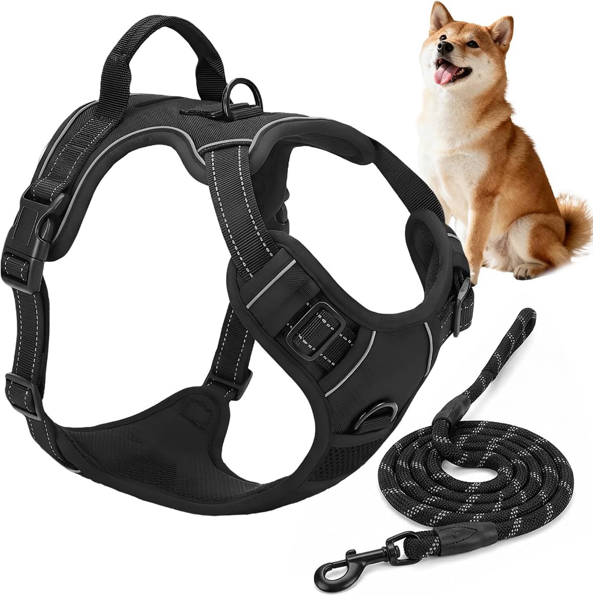 Maat L, geschikt voor middelgrote honden, levering met 1,5 m versterkte riem, hondenharnas, ademend, verstelbaar, voor dagelijkse wandelingen, training en wandelen