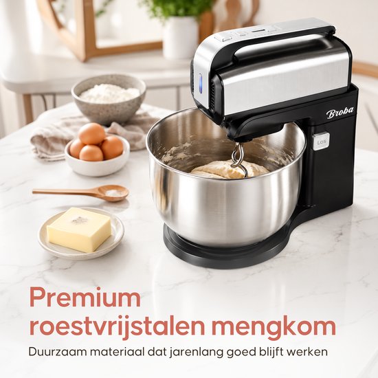 Zwarte Broba mixer met premium roestvrijstalen mengkom die deeg kneedt.