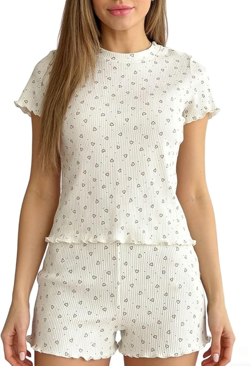 Pyjama voor dames, zomer, luipaard, hart, nachtkleding, korte mouwen, nachtkleding, golvende zoom, loungewear, ronde hals, tops, shorts, 2-delig, Y2K Sleepwear om te slapen en te ontspannen