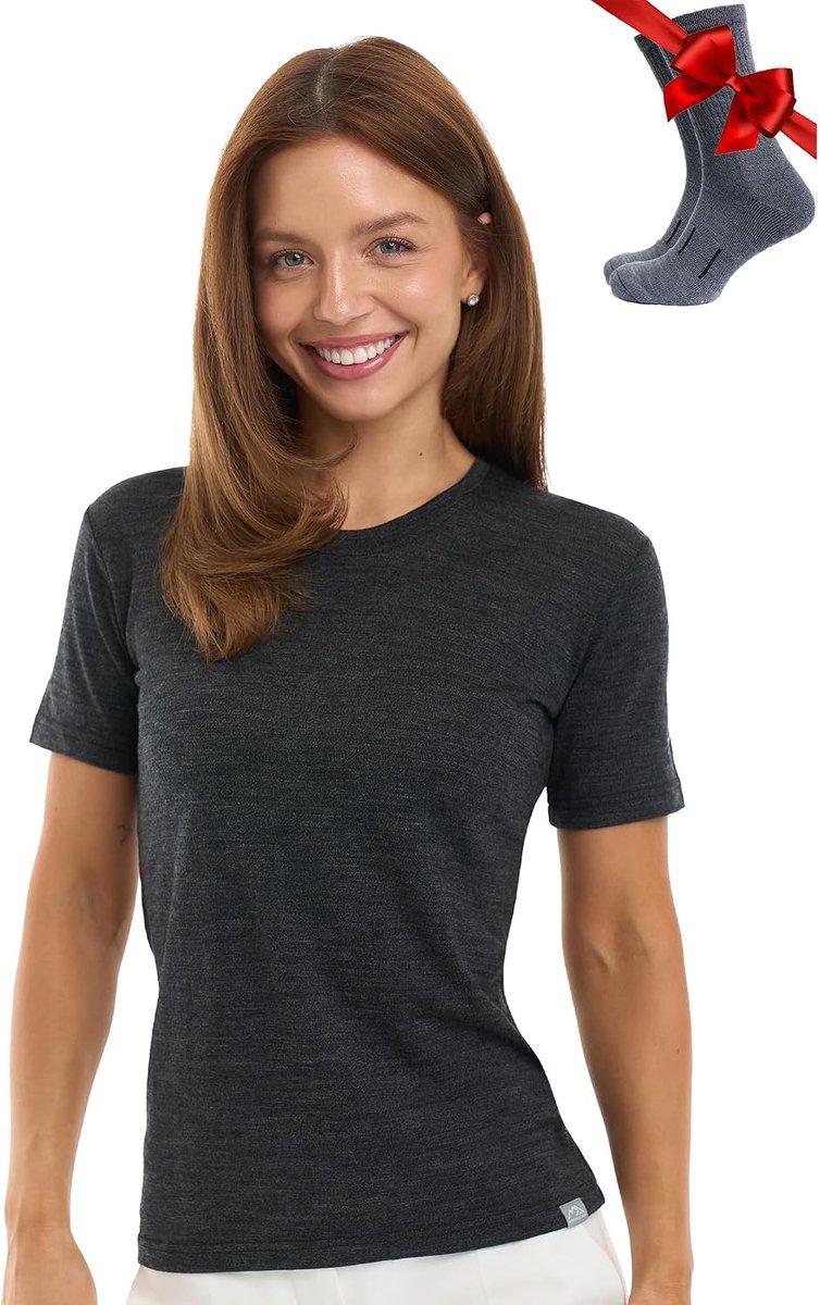 100% Merino T-shirt voor dames - Merinowol Sportief Wandelen Thermisch Shirt voor Dames + Wandelsokken (Large, Heathered Black Crewneck)
