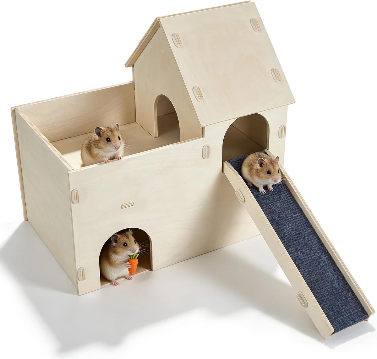 Huis voor cavia's met twee verdiepingen, van hout, groot knaagdier huis met helling, cavia-accessoires, schuilplaats voor konijnen, hamsters, chinchilla's, kleine dieren, 38 x 25 x 38 cm