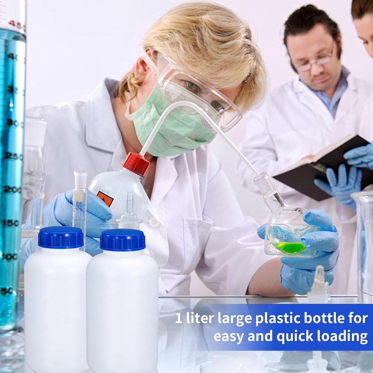 3 stuks Brede Hals Fles 1000 ml Laboratoriumfles Met Etiketten Plastic Flessen Om Te Vullen Met Schroefsluiting Voor Laboratorium, Keuken En Hobby