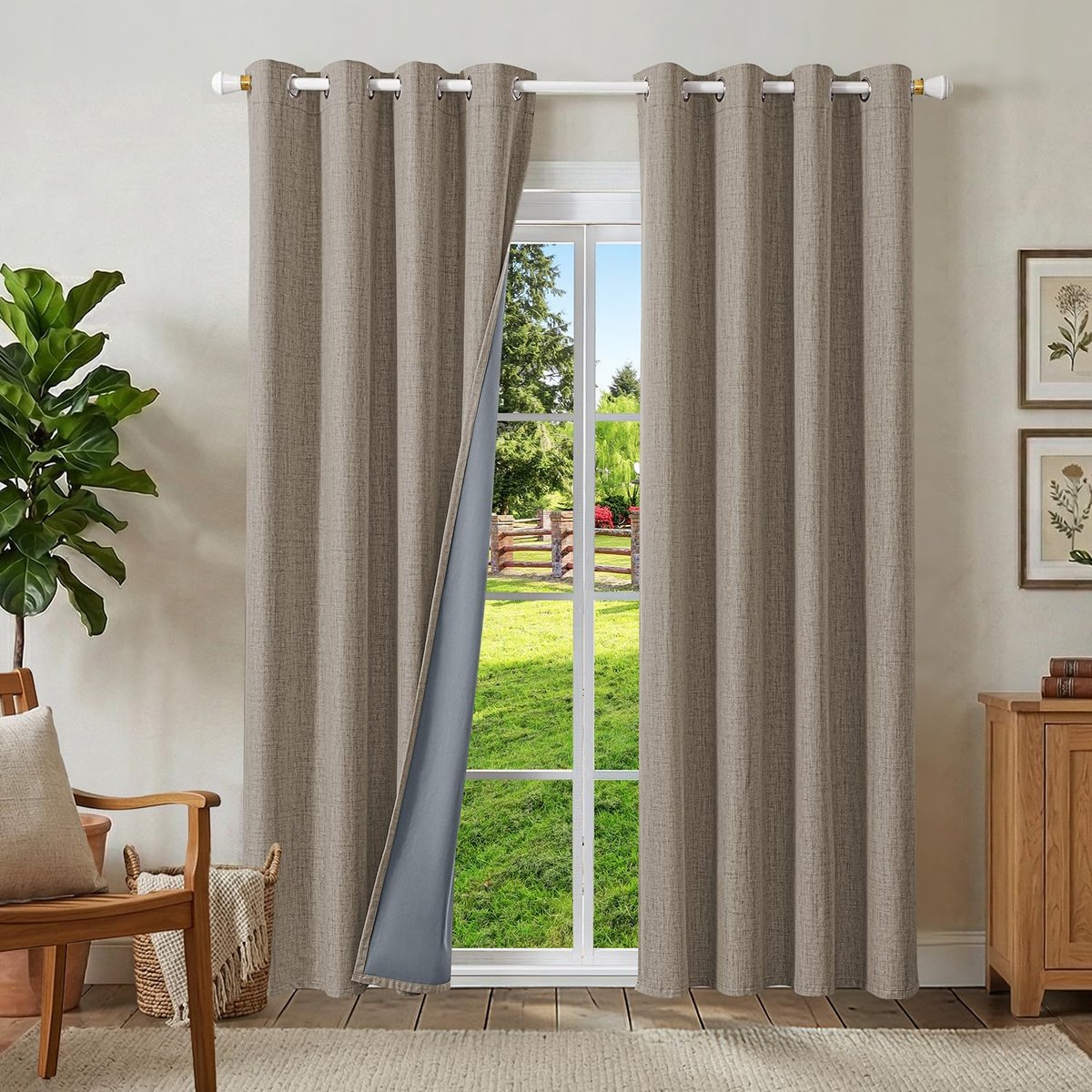 100% Verduisteringsgordijnen Linnen Gordijnen met Oogjes 2-delige Set, Thermogordijn Hittebescherming H 200 x B 140 cm, Linnenlook Gordijnen Ondoorzichtig Geluidsisolatie voor Slaapkamer