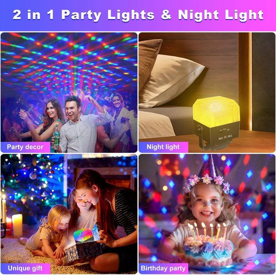 Disco feestverlichting, slaapkamer decor nachtlampje projector met 3 kleuren warm wit licht+RGB Disco Ball Effect Dj Strobe Lights voor Home Feesten Dans Kerstmis Halloween Decor — afbeelding 2