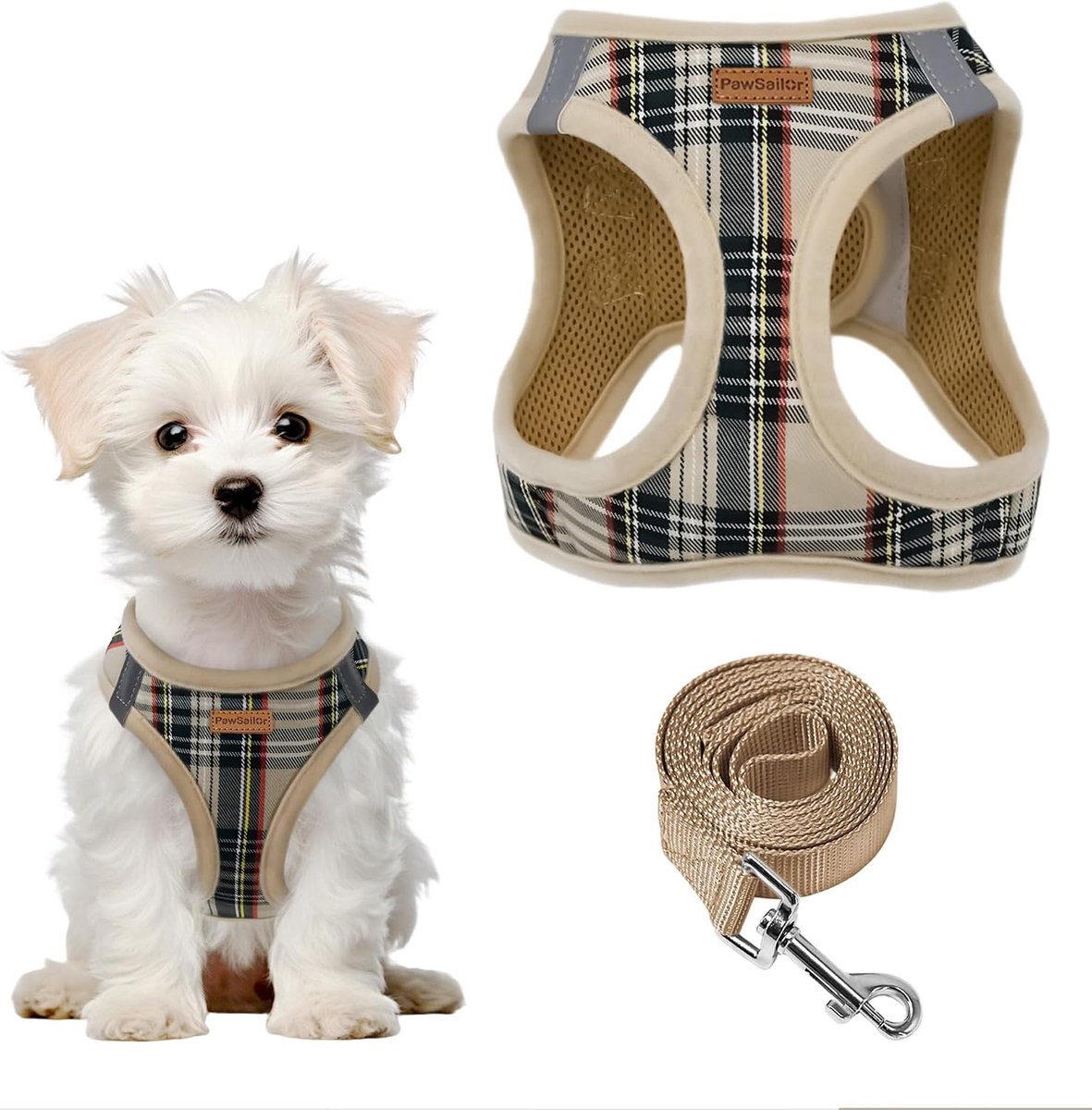 Hondentuig met gevoerde riem, zacht ademend mesh, hondenharnas, klein formaat, verstelbaar, reflecterend ruitpatroon, harnas voor puppy's, katten, beige, XXS