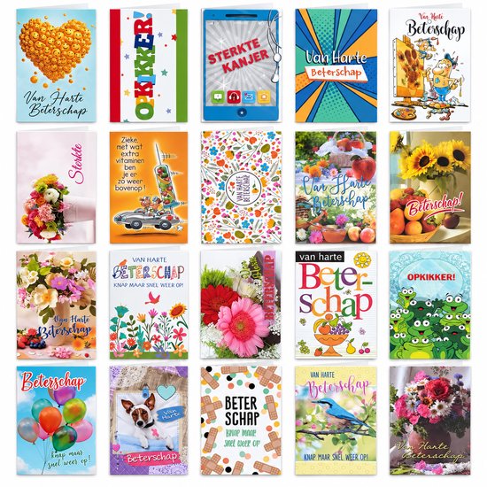 Overzicht van 20 wenskaarten met diverse opdrukken, zoals bloemen, fruit, dieren, kikkers, emoji's en wenskaarten met tekst voor beterschap, sterkte en opkikker.