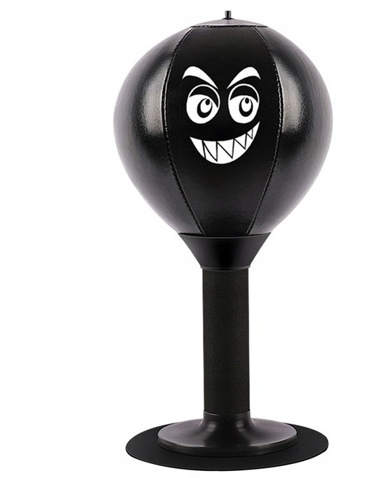 Zwarte boksbal met een boos gezicht, 37cm hoog.