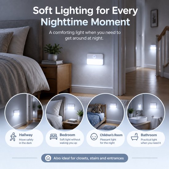 LED Trapverlichting met Bewegingssensor - 6 Stuks Draadloze Nachtlampjes op Batterij - Wit 6500K - Automatische Sensorlamp voor Kast, Gang, Slaapkamer en Badkamer — afbeelding 3