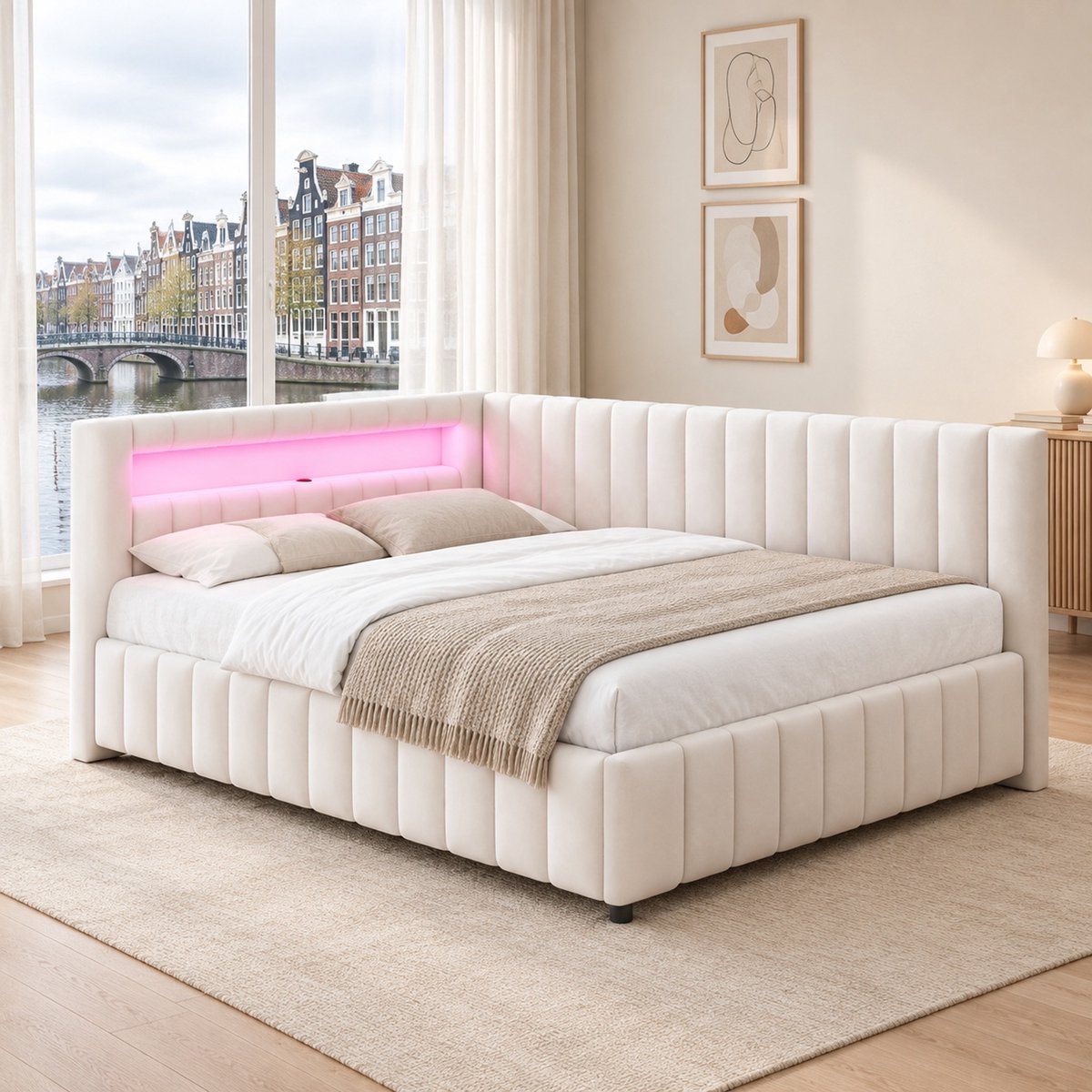 WUVRIE L-vormige slaapbank 140x200 cm met fluweelbekleding, LED en USB, beige, zonder matras