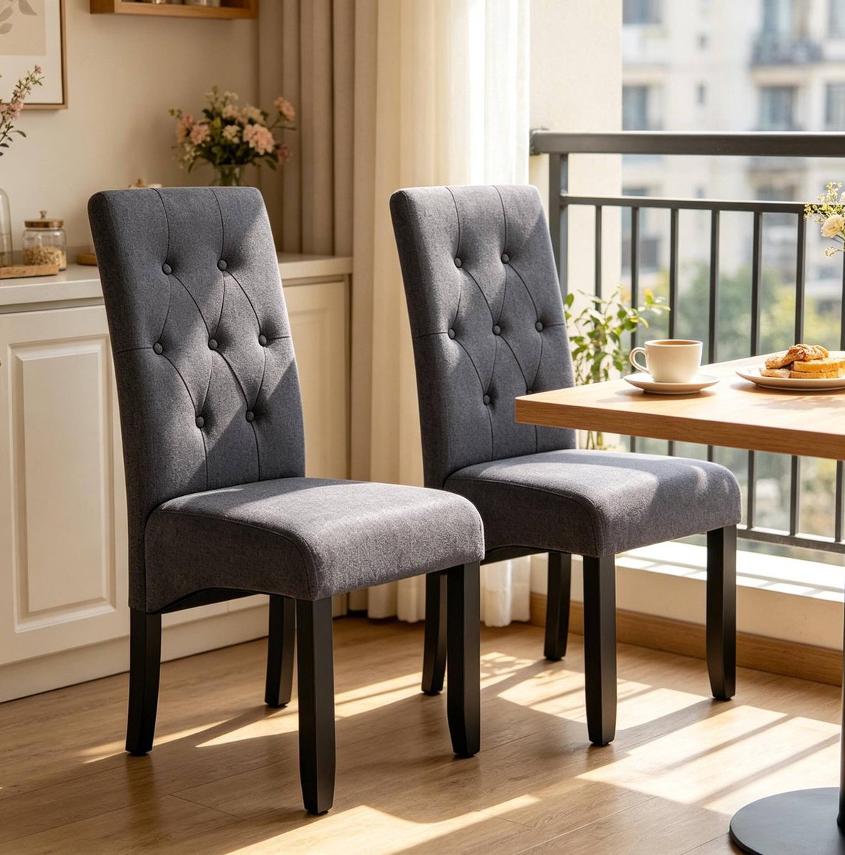MODENUIT Eetkamerstoel 47 x 42 x 107 cm - Set van 2 - Hoge Rugleuning - Voor Eetkamer - Stof - Donkergrijs