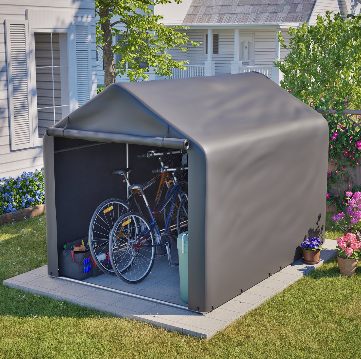 MEUNIQ Fietsgarage opslagtent 160 x 220 x 165 cm met oproldeur, PE-doek, stalen frame, ventilatie en 8 grondharingen voor tuin en terras - Grijs