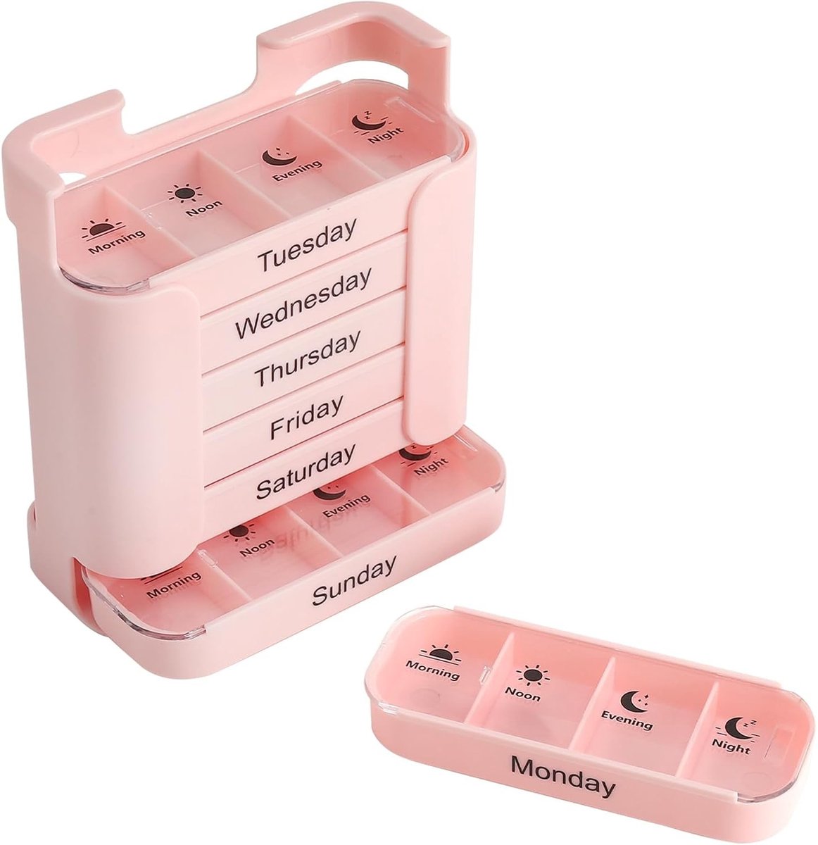Tablettenbox voor 7 dagen, pillendoos met 28 vakken, medicijnorganizer met veilige sluiting en toren-ladesysteem
