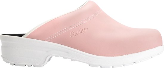 Roze Skolys klomp, zijaanzicht met witte zool en profiel.