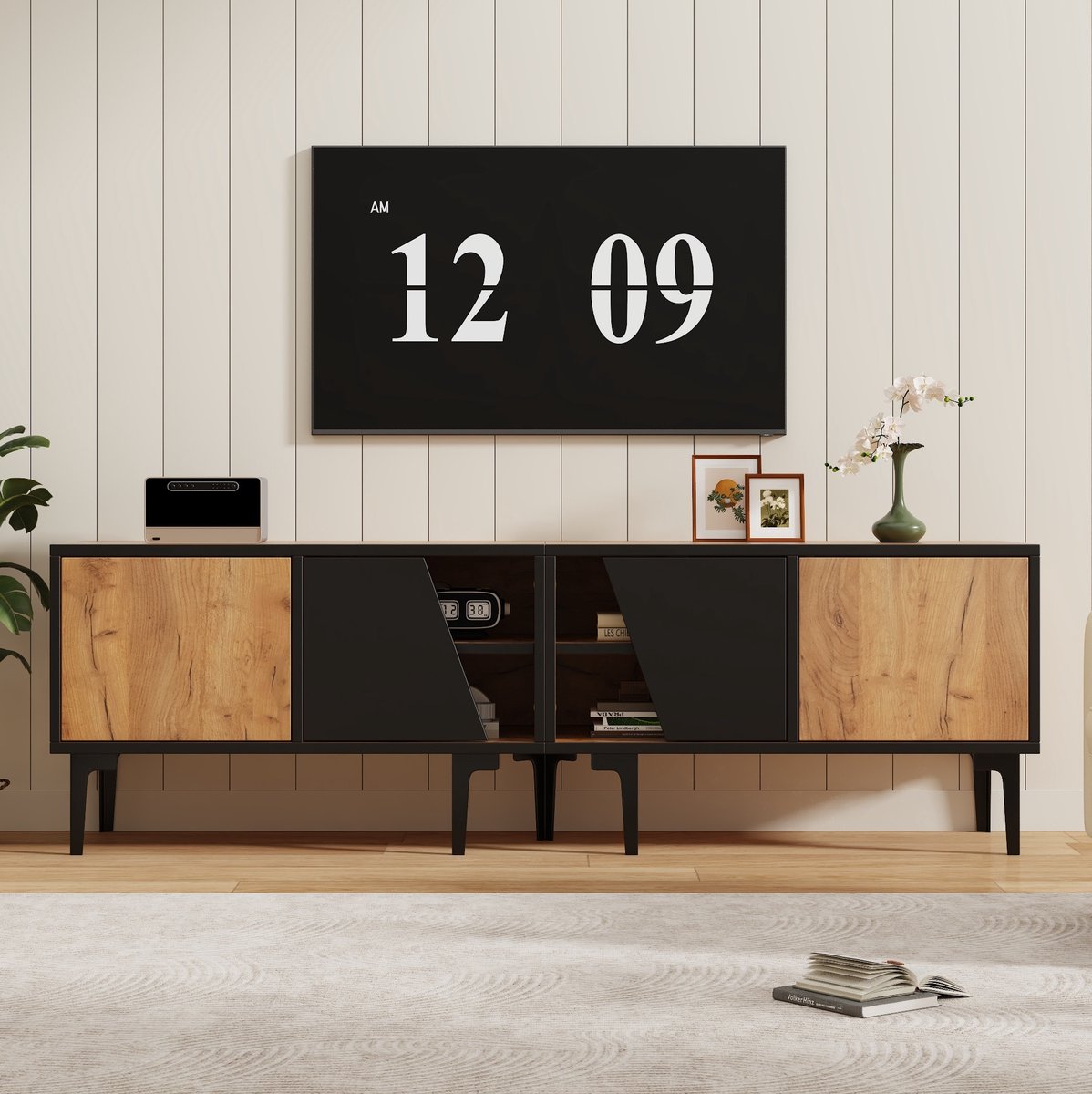 MEUNIQ TV-meubel 160 x 36,5 x 45 cm met 4 opbergvakken, schuine kastdeuren, 7 PVC-poten voor tv’s tot ca. 65 inch, woonkamer, naturel en zwart