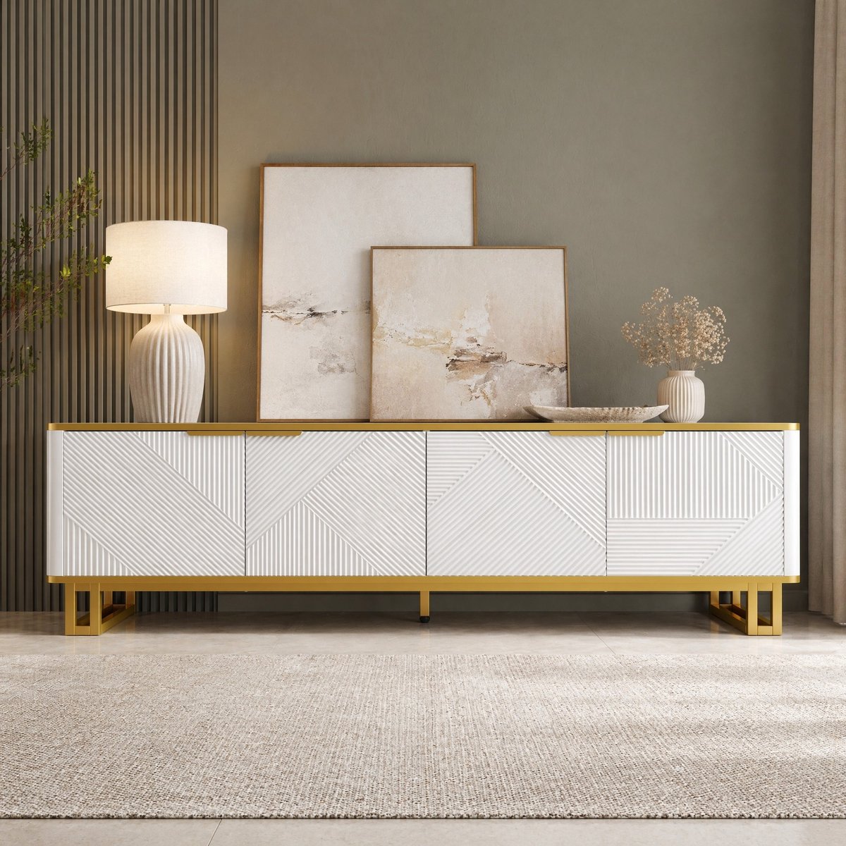 MEUNIQ TV-meubel 160 x 37,5 x 48 cm met 4 deuren, open opbergvak en kabeldoorvoeren voor woonkamer, wit en goud