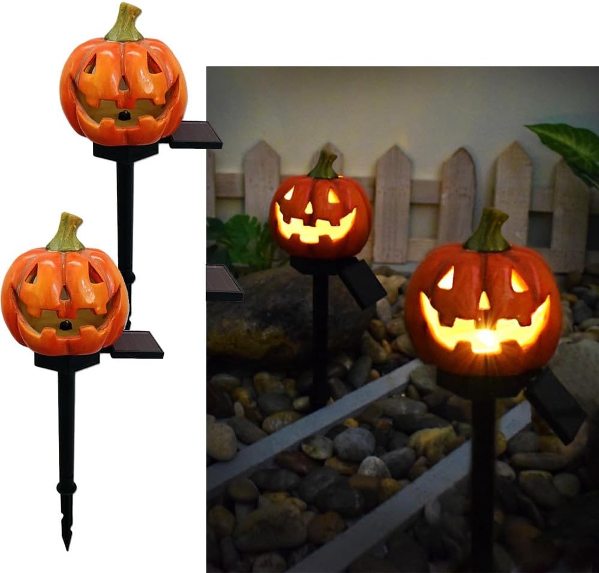Zonne-Pompoengrondlampen 2 Stuks - LED Buitenverlichting voor Halloween - Harsen Decoratieve Pompoenen - Voor Tuin en Binnenplaats