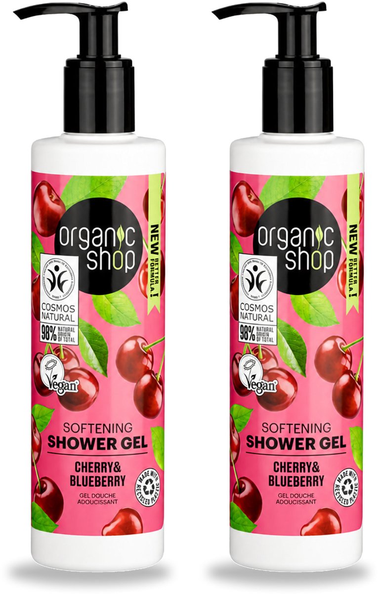 2 x Organic Shop - Douchegel Cherry & Blueberry - Verfrissend en Hydraterend - 280 ml - Voordeelverpakking - 2 stuks