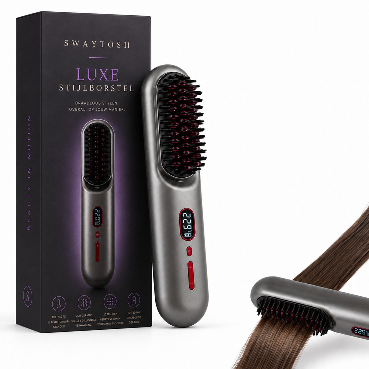 SwayTosh Silkøn Styla PRO Draadloze Stijlborstel – Warmteborstel – 120 Tot 230 Graden Met 12 Standen – 20 Miljoen Negatieve Ionen – Draadloze Stijltang – 60 Minuten Gebruik – Elektrische Haarborstel – Styling Borstel – Voor Dik, Normaal En Fijn Haar