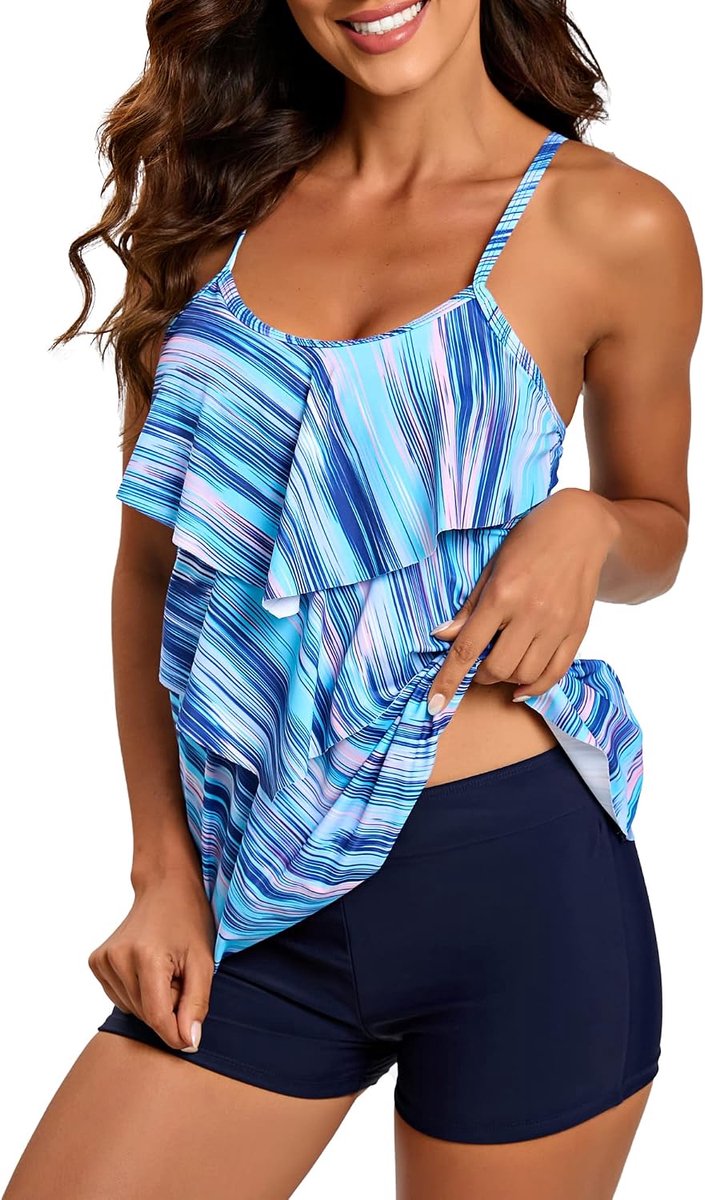 2 Stuk Tankini Badpakken Volant Gedrukt Top Met Boyshorts Plus Size Badmode Badpak