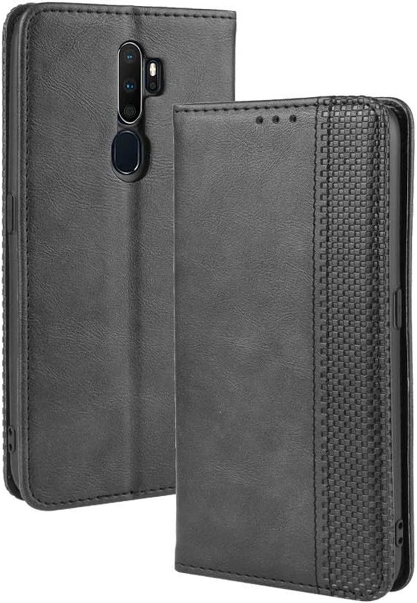 Flip Hoes voor Oppo A9 2020, retro lederen portemonnee, afdekking, magneetsluiting, folio, standaard, kaartsleuven, telefoonhoes, zwart