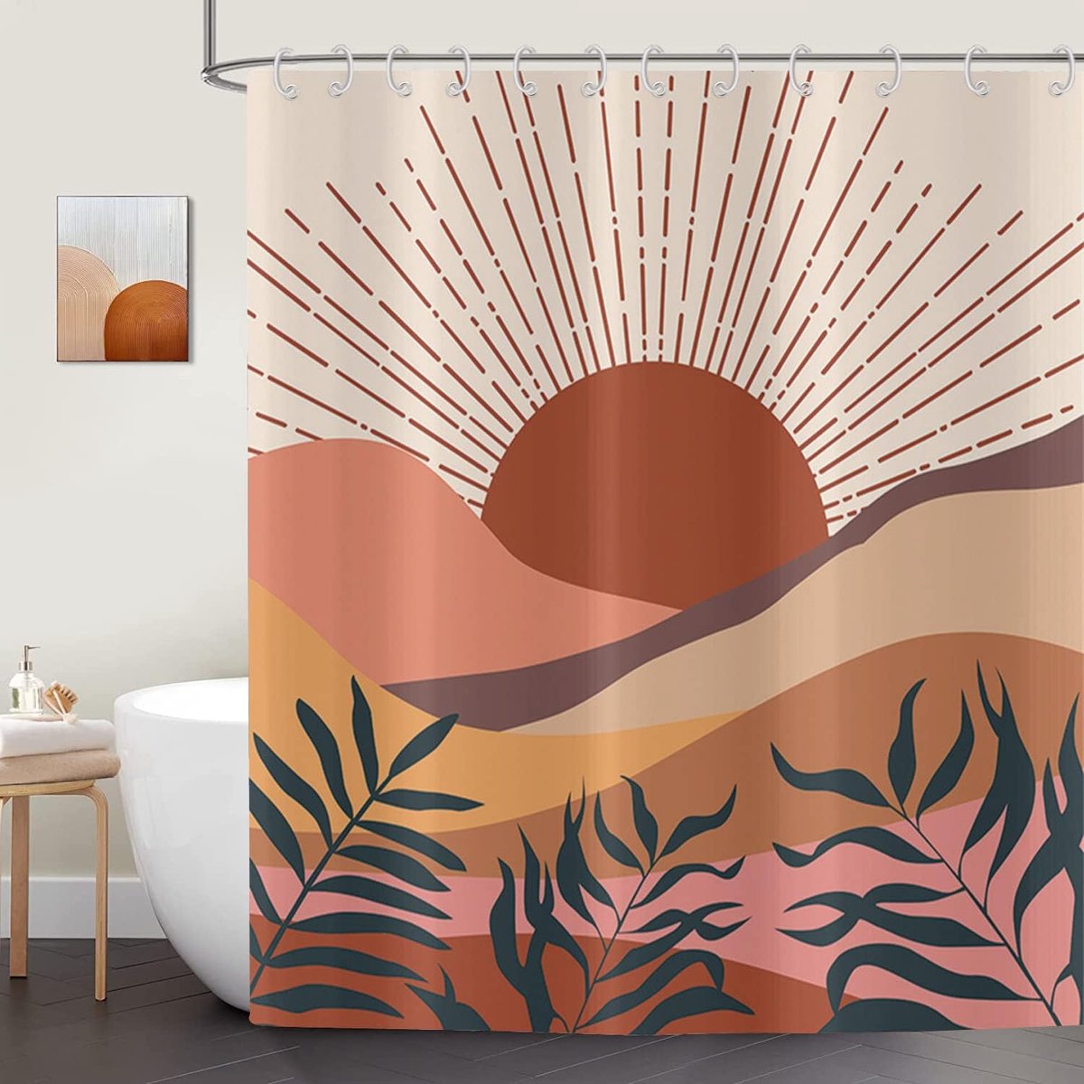 Douchegordijn, boho-stijl, 180 x 200 cm, modern, abstract, kunst, zonsondergang, bladeren, beige, bad, wasbaar, douchegordijn, polyester, textiel, waterdicht, douchegordijn voor badkuip, met 12